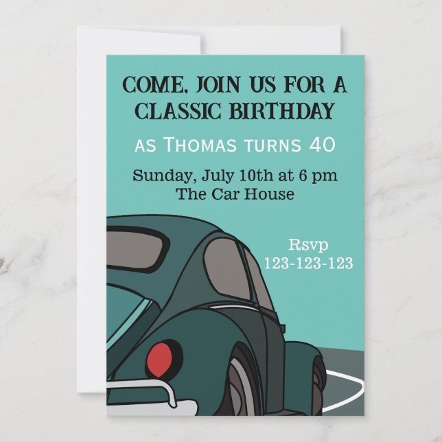 Blue Classic Car Birthday Invitation (Front)