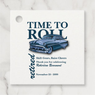 Blue Classic Car Time to Roll Retirement Party Favour Tags