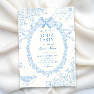 Blue Classic floral botanical bow elegant Invitation