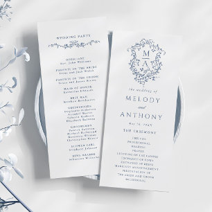 Blue Classic Floral Crest Wedding Ceremony Program