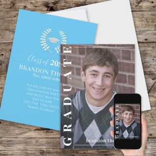 Blue Classic Graduation Party Photo Custom Invitation