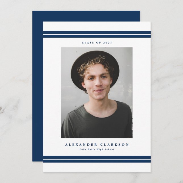 Blue Classic Stripes Modern Photo Graduation Announcement (Front/Back)