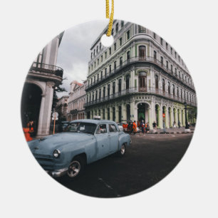 Blue Classic Vintage Car Cityscape Ceramic Ornament