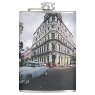 Blue Classic Vintage Car Cityscape          Hip Flask