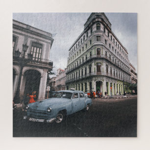 Blue Classic Vintage Car Cityscape Jigsaw Puzzle