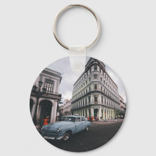 Blue Classic Vintage Car Cityscape             Key Ring