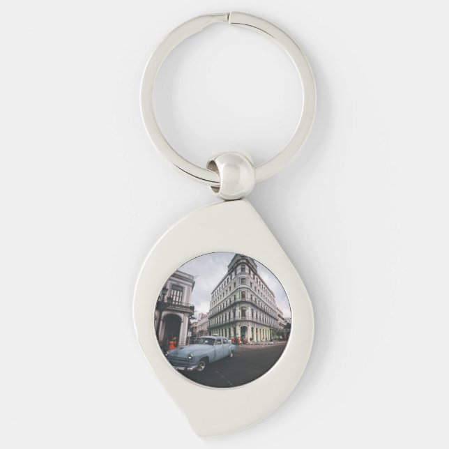Blue Classic Vintage Car Cityscape           Key Ring (Front)