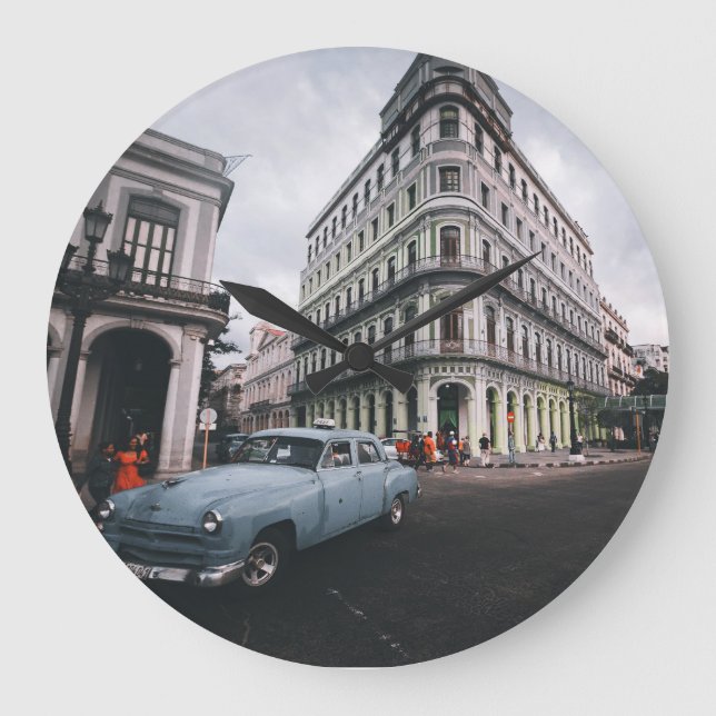 Blue Classic Vintage Car Cityscape            Large Clock (Front)