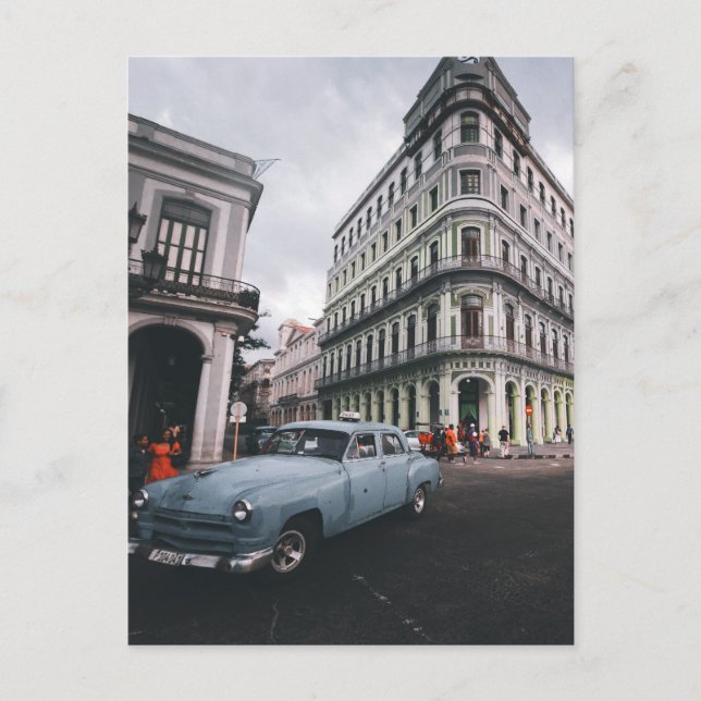 Blue Classic Vintage Car Cityscape   Postcard (Front)