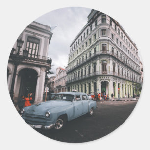 Blue Classic Vintage Car Cityscape Round Sticker