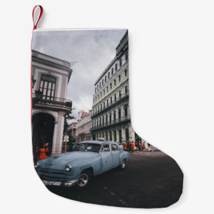 Blue Classic Vintage Car Cityscape Small Christmas Stocking