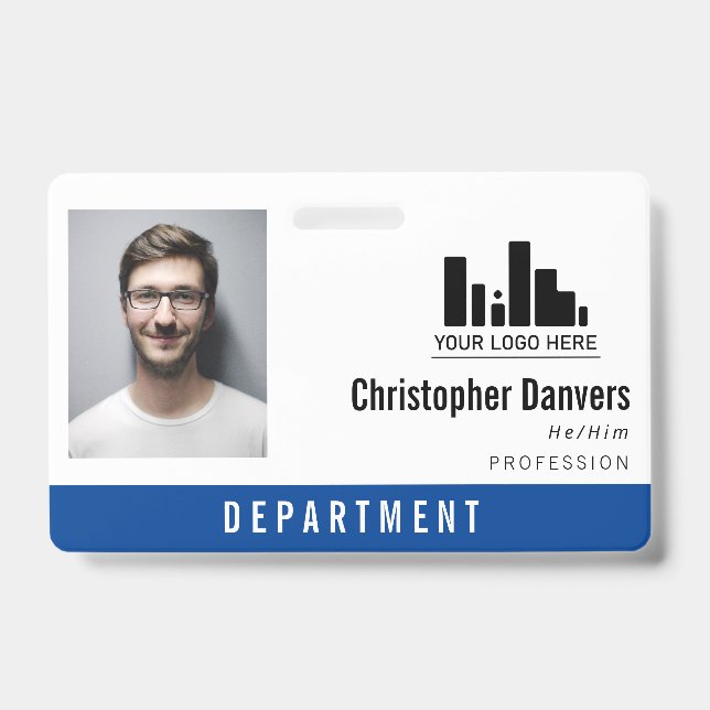 Blue Clean Logo Personal Pronouns Office Employee ID Badge (Front)