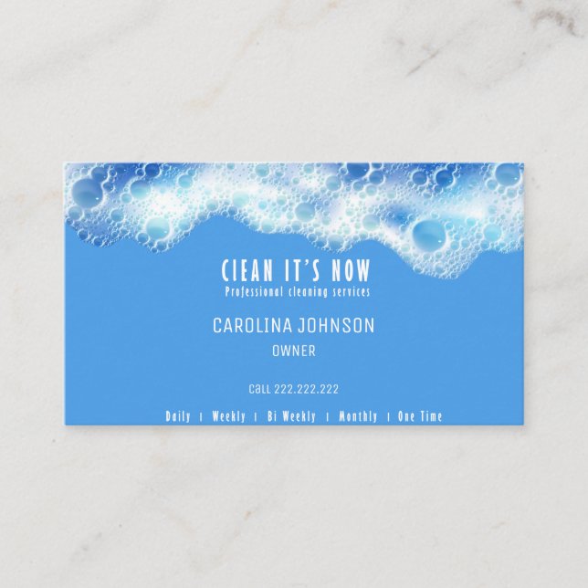 blue cleaning services maid soap foam  business card (Front)