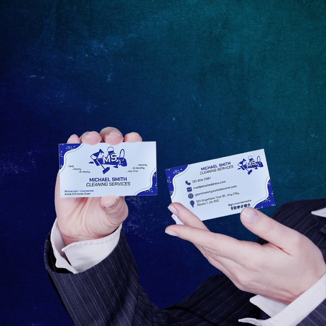 Blue Cleaning Services Professional Monogram Logo Business Card (Creator Uploaded)