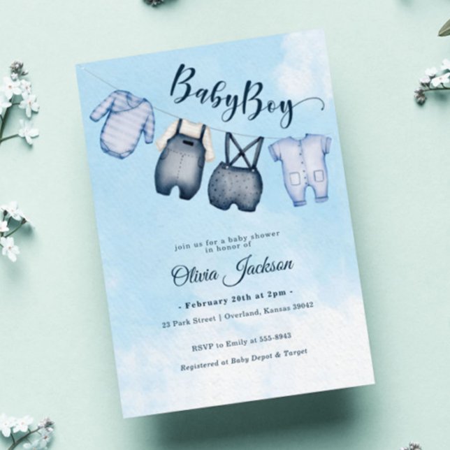 Blue Clothesline Baby Clothes Sky Boy Baby Shower Invitation (Creator Uploaded)