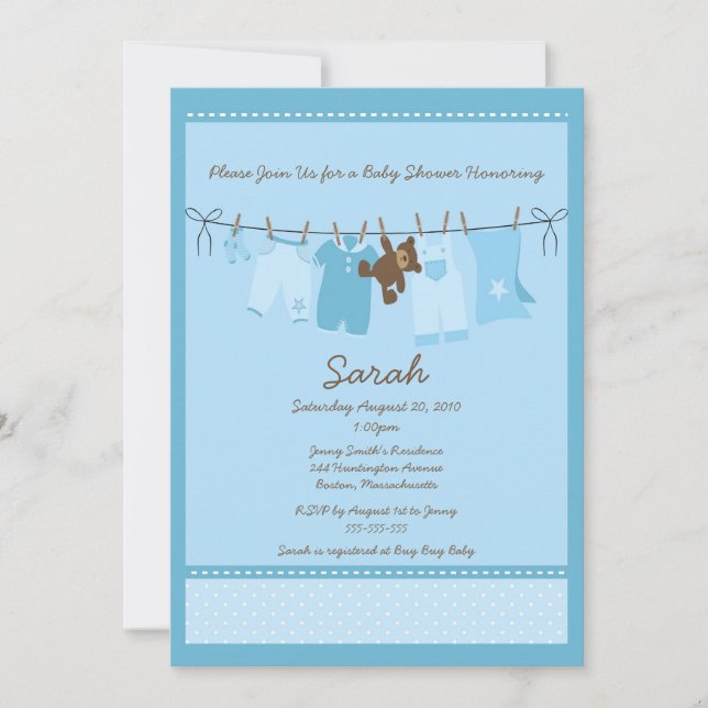 Blue Clothesline Baby Shower Invitation (Front)