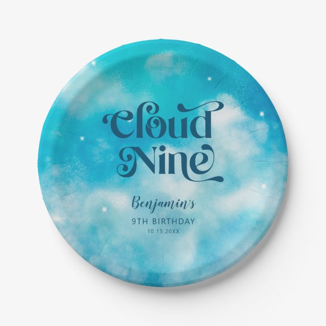 Blue Cloud Nine Birthday Party Paper Plate (Front)