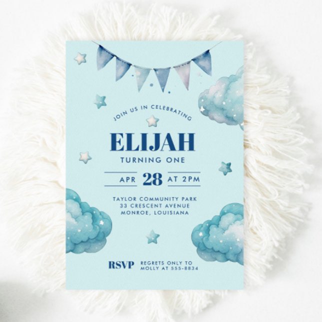 Blue Cloud Star Bunting Banner Birthday Party Invitation (Creator Uploaded)