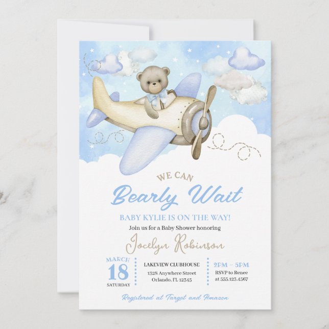Blue Clouds Flying Teddy Bear Pilot Baby Shower Invitation (Front)