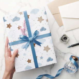 Blue Clouds Gold Stars On White Baby Shower Wrapping Paper