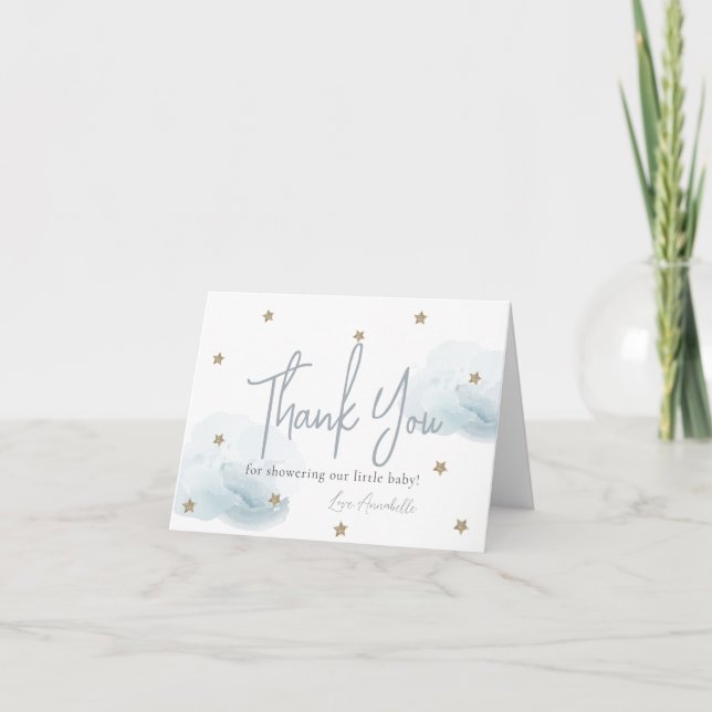 Blue Clouds & Gold Stars Watercolor Baby Shower Thank You Card (Front)