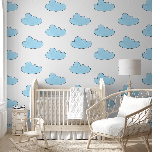 Blue Clouds On White Wallpaper (Kids)