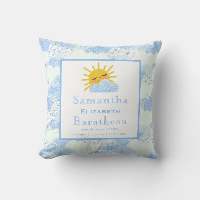 Blue Clouds Sunshine Personalised Baby Birth Stat Cushion (Front)