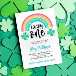 Blue Clover & Rainbow Lucky One First Birthday Invitation