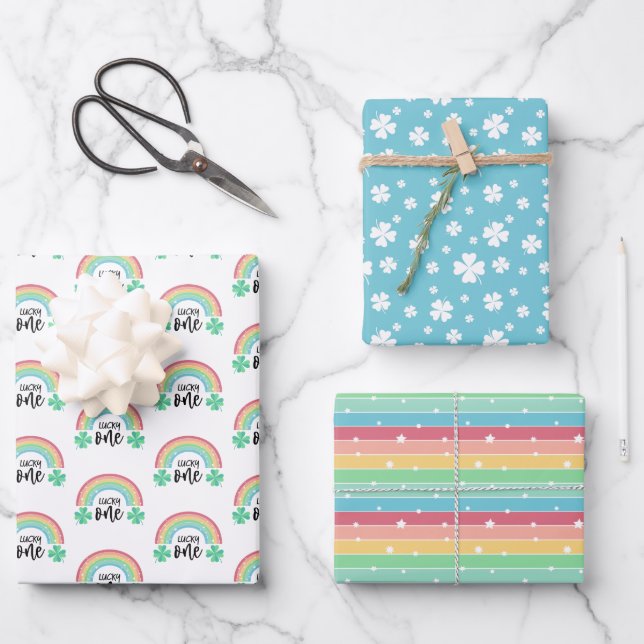 Blue Clover & Rainbow Lucky One First Birthday Wrapping Paper Sheet (Front)