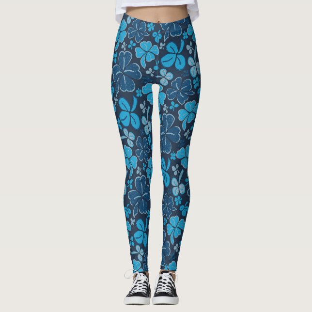 Blue Clover Shamrock Pattern St. Patrick`s Day Leggings (Front)