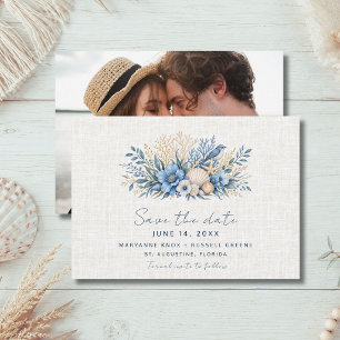 Blue Coastal Beach Wedding Photo Save the Date