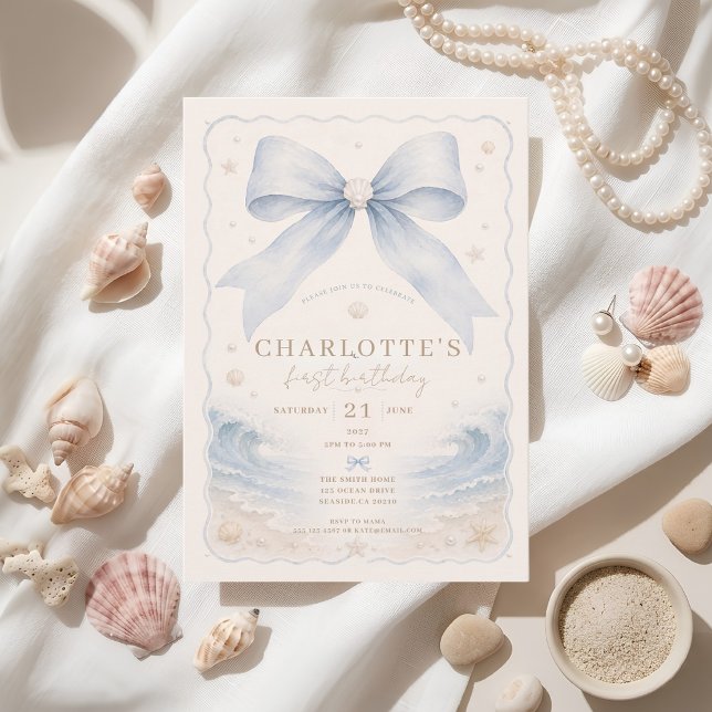 Blue Coastal Bow First Birthday Seashell Beach Invitation (Creator Uploaded)