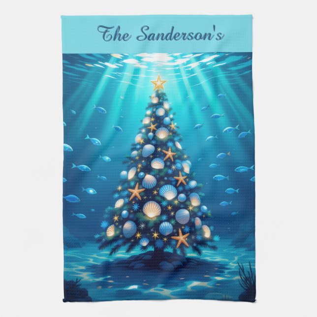 Blue Coastal Christmas Kitchen Towel (Vertical)