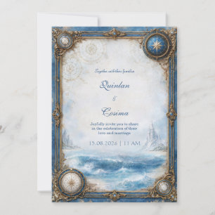 Blue Coastal Compass Wedding Invitation