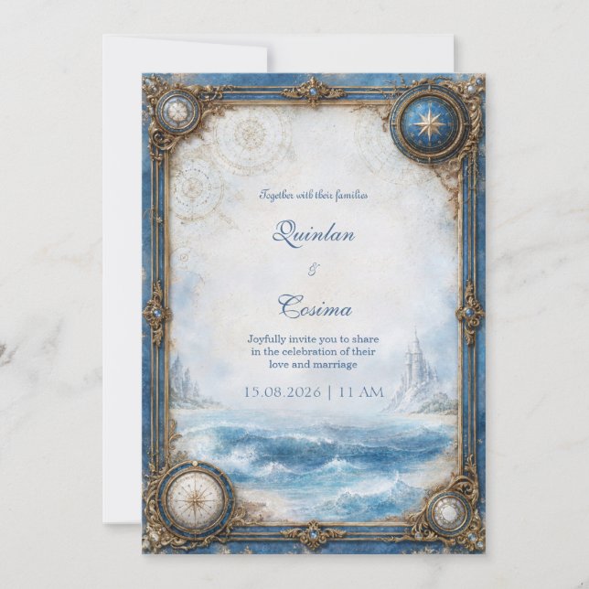 Blue Coastal Compass Wedding Invitation (Front)