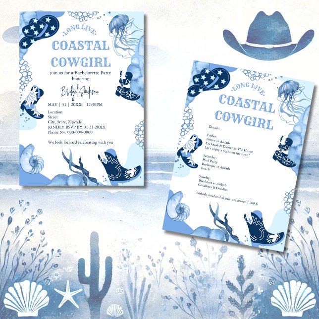 blue coastal cowgirl bachelorette party invitation (Creator Uploaded)