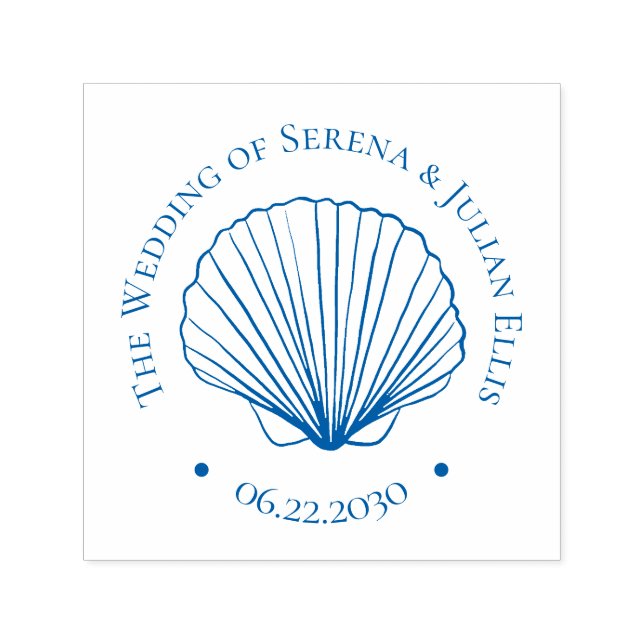 Blue Coastal Elegant Seashell Wedding Monogram Self-inking Stamp (Design)