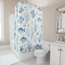 Blue Coastal Fish Shower Curtain