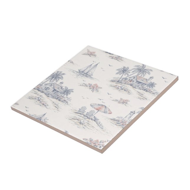 Blue Coastal French Toile Ceramic Tile (Side)