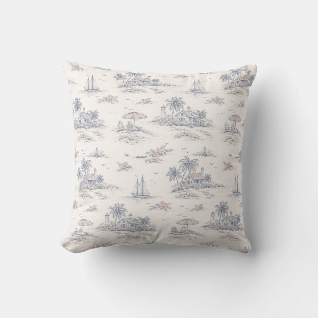 Blue Coastal French Toile Cushion (Front)