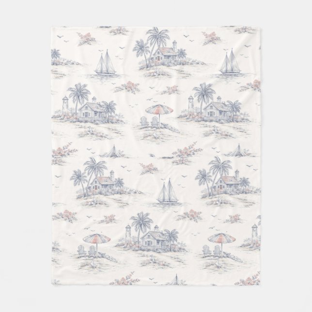Blue Coastal French Toile Fleece Blanket (Front)