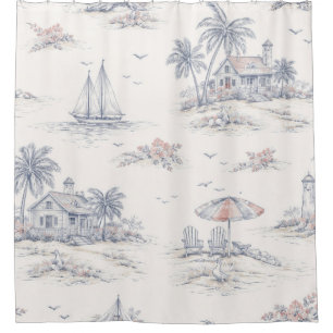 Blue Coastal French Toile Shower Curtain