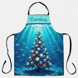 Blue Coastal Holiday Tree All-Over Print Apron