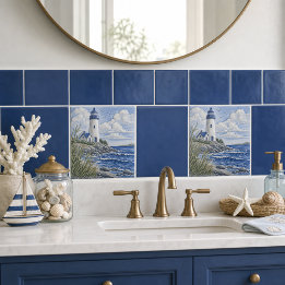 Blue Coastal Lighthouse Nautical Decor Ceramic Tile
