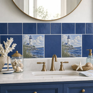 Blue Coastal Lighthouse Nautical Decor Ceramic Tile