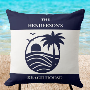 Blue Coastal Palm Tree Family Name Beach House Cushion
