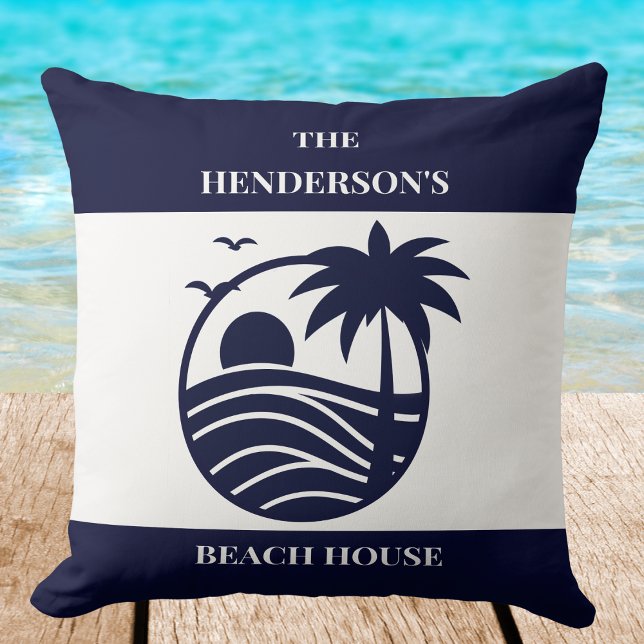 Blue Coastal Palm Tree Family Name Beach House Cushion (Creator Uploaded)