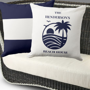 Blue Coastal Palm Tree Family Name Beach House Cushion