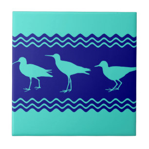 Blue Coastal Sandpiper Bird Stripes Ceramic Tile
