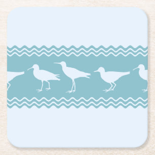 Blue Coastal Sandpiper Bird Stripes Square Paper Coaster